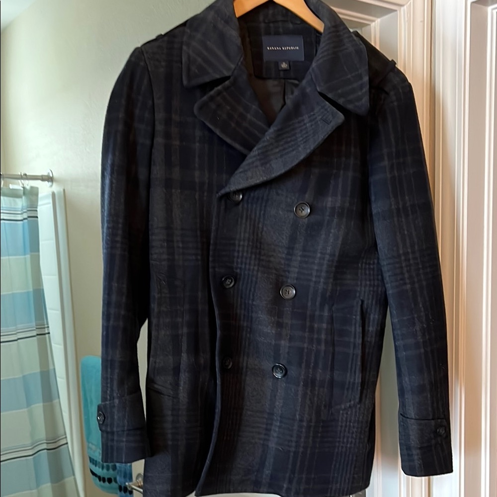 Banana Republic Men's Dark Navy Plaid Pea Coat